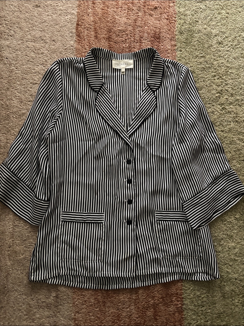 THE GREAT. Black and White Striped Button Front Blouse